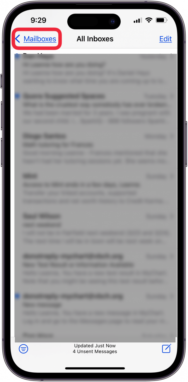 Tippen Sie oben auf dem Bildschirm auf „Postfächer“, um fehlende E-Mails auf dem iPhone wiederherzustellen