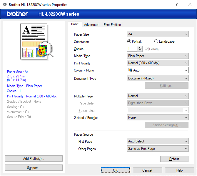 Windows-Screenshot des Brother-Druckertreibers