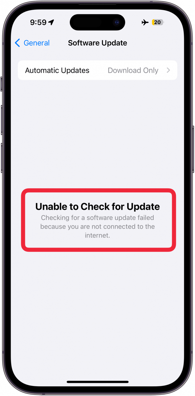 iPhone-Softwareaktualisierungsbildschirm mit der Fehlermeldung „Suche nach Aktualisierung nicht möglich“.  Die Suche nach einem Software-Update ist fehlgeschlagen, weil Sie nicht mit dem Internet verbunden sind.
