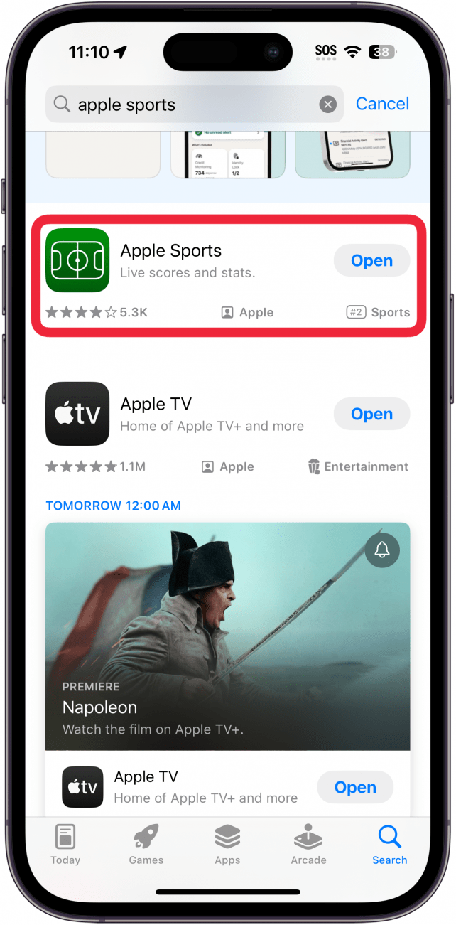 Suchergebnisse im iPhone App Store mit einem roten Kästchen um die Sport-App