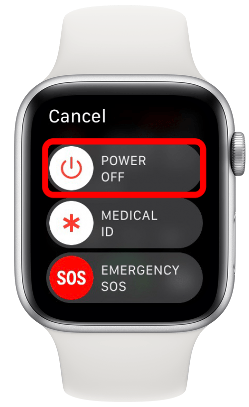 Es erscheint ein Bildschirm mit der Option, per SOS-Notfall um Hilfe zu rufen oder Ihre Apple Watch auszuschalten.