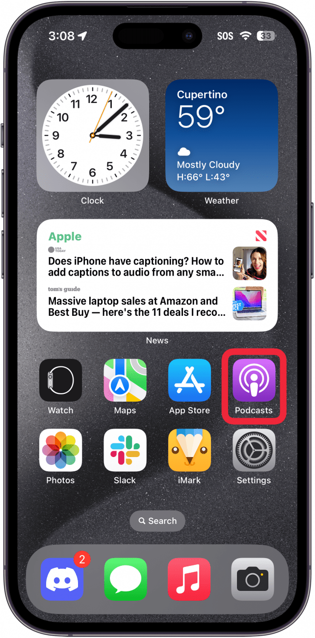 iPhone-Startbildschirm mit einem roten Kästchen um die Podcasts-App