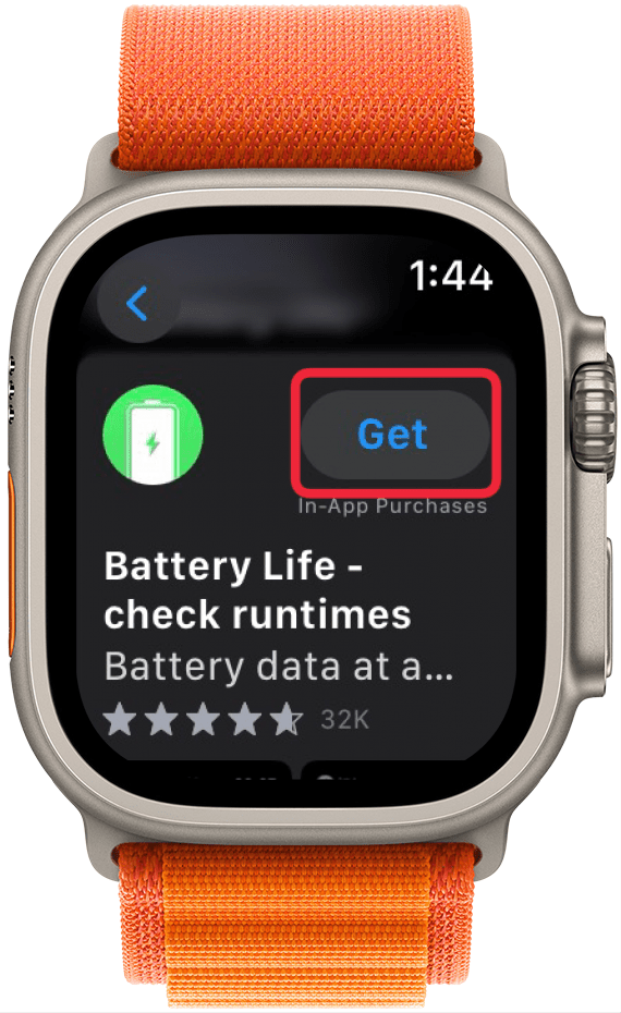 Tippen Sie auf „Get“, um die Akkulaufzeit-App auf die Apple Watch herunterzuladen