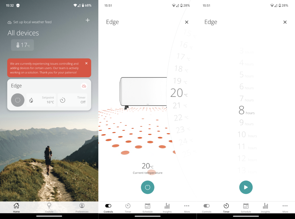Android-Screenshots, die die Temperatureinstellung und die Timer-Modi zeigen