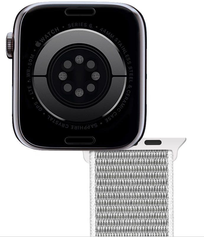 Drücken Sie die Entriegelungstaste des Apple-Watch-Armbands, um das Armband von der Apple-Watch zu entfernen, und ziehen Sie dann das Band ab