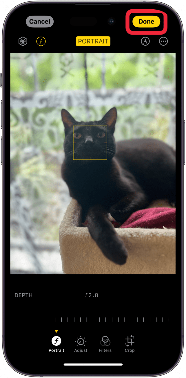 iPhone-Bildbearbeitungsprogramm mit einem roten Kästchen um die Schaltfläche „Fertig“.