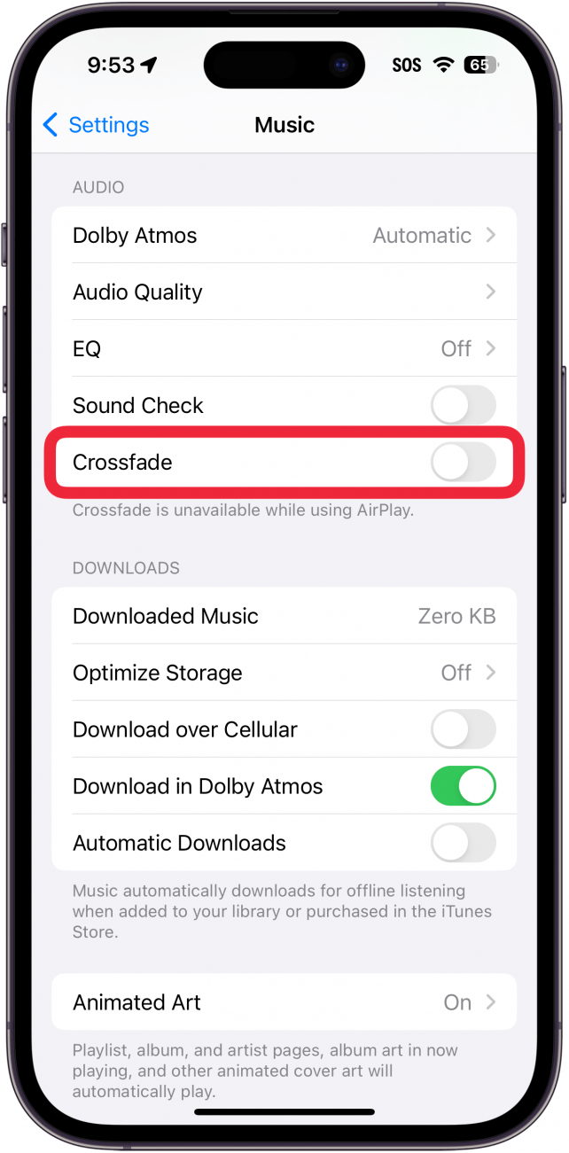 iPhone-Musikeinstellungen mit einem roten Kästchen um den Crossfade-Schalter