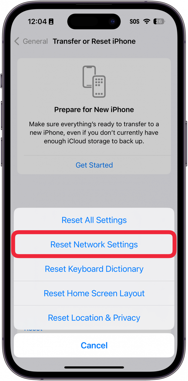 Bildschirm zum Zurücksetzen der iPhone-Einstellungen-App mit einem roten Kästchen um die Netzwerkeinstellungen zurücksetzen