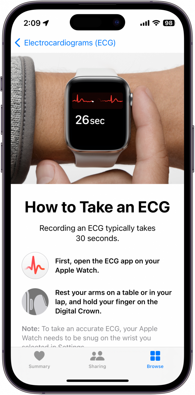 EKG-Bildschirm der Apple Health App mit Anweisungen zur Erstellung eines EKGs auf der Apple Watch
