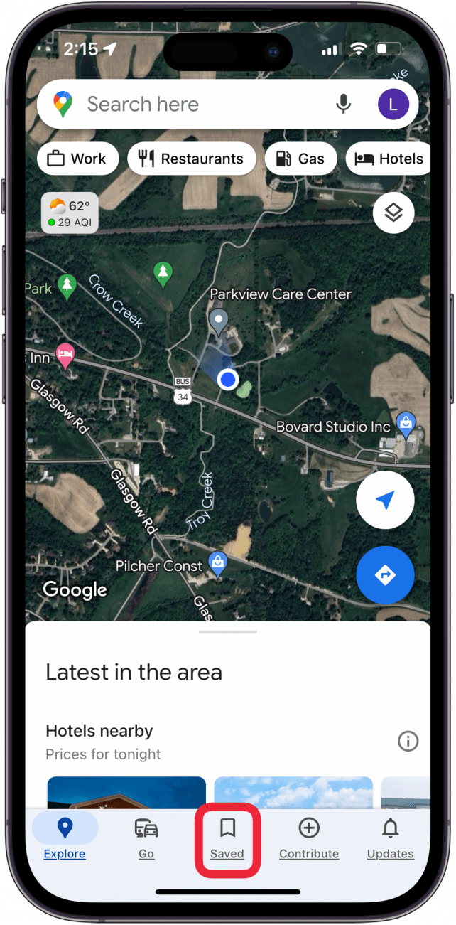 Tippen Sie auf die Registerkarte „Gespeichert“ in der Google Maps-App.PNG