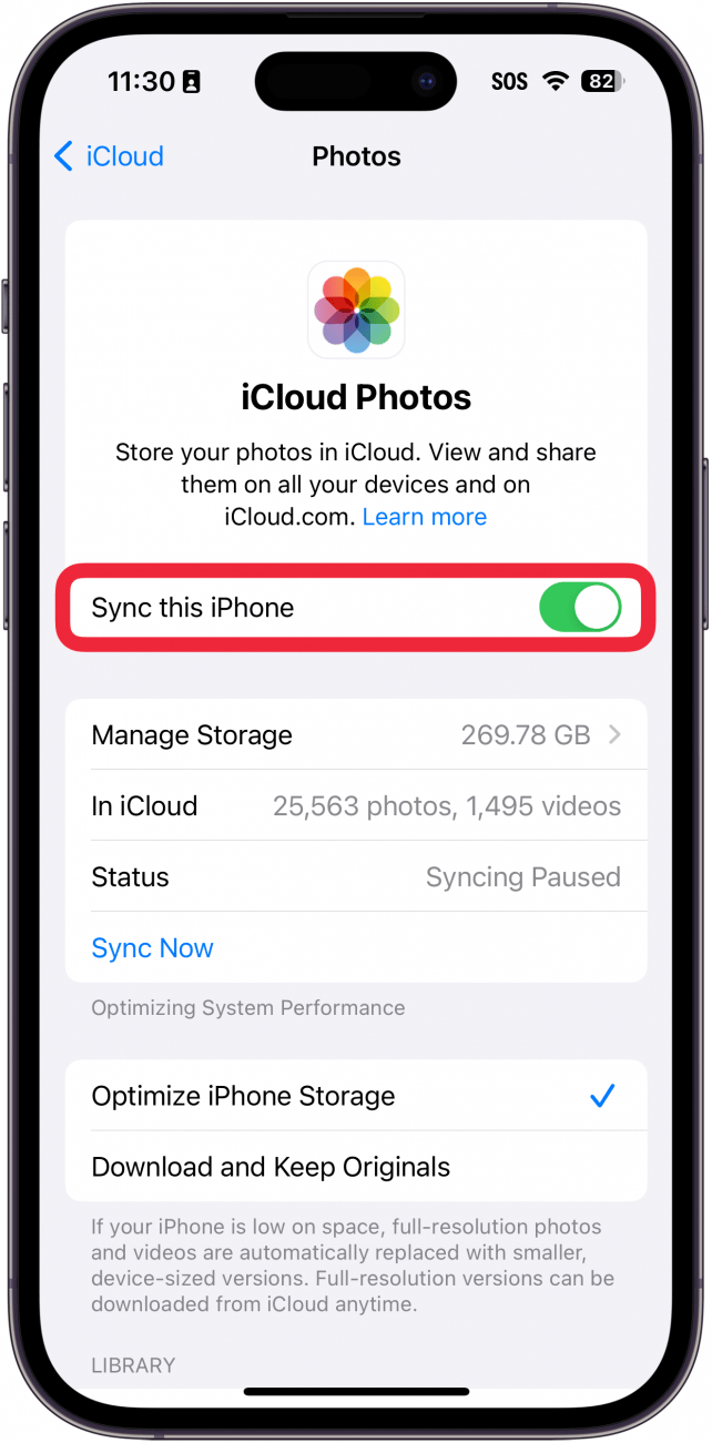 iPhone iCloud-Fotoeinstellungen mit einem roten Kästchen um die Schaltfläche „Mit dieser iPhone-Taste synchronisieren“.