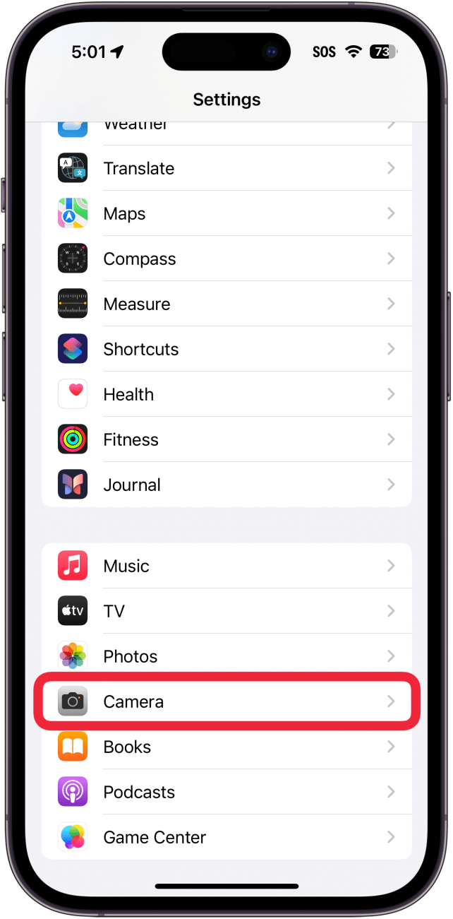 iPhone-Einstellungs-App mit einem roten Kästchen um die Kamera