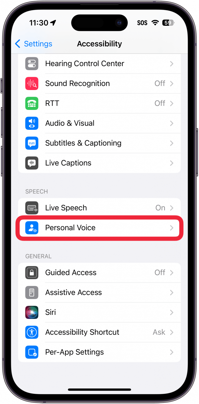 iPhone-Eingabehilfeneinstellungen mit einem roten Kästchen um die persönliche Stimme