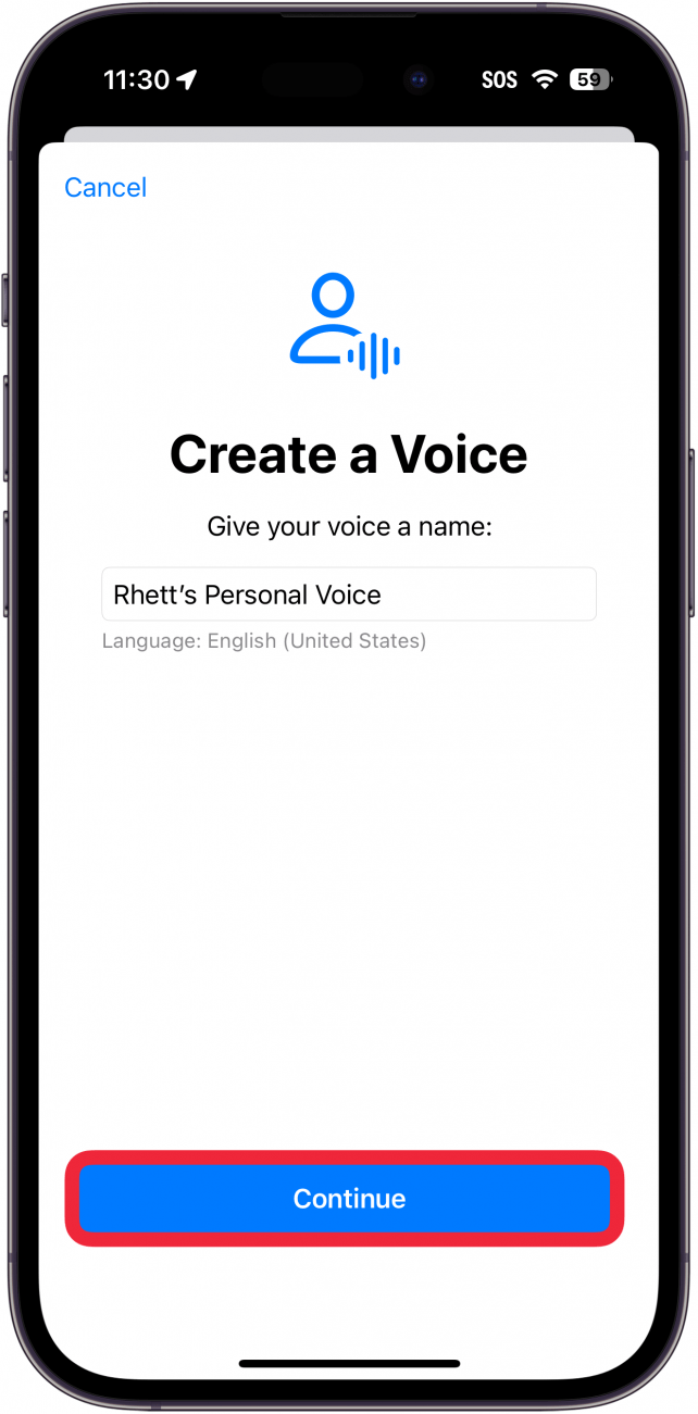 Die persönliche Stimme des iPhones ist mit einem roten Kästchen um eine blaue Schaltfläche „Fortfahren“ eingerichtet