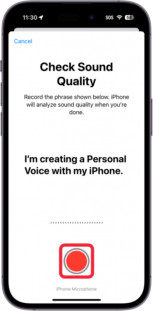 Persönliche Voice-Einrichtung für das iPhone mit einem roten Kästchen um die Aufnahmetaste