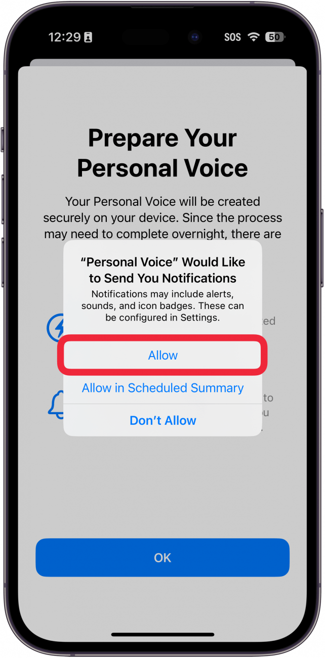 Die Einrichtung der persönlichen Stimme des iPhone zeigt ein Fenster an, in dem gefragt wird, ob der Benutzer Benachrichtigungen zulassen möchte, mit einem roten Kästchen um die Schaltfläche „Zulassen“.