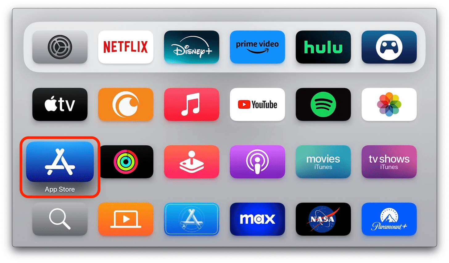 Schalten Sie Ihr Apple TV ein und navigieren Sie zu Ihrem App Store.