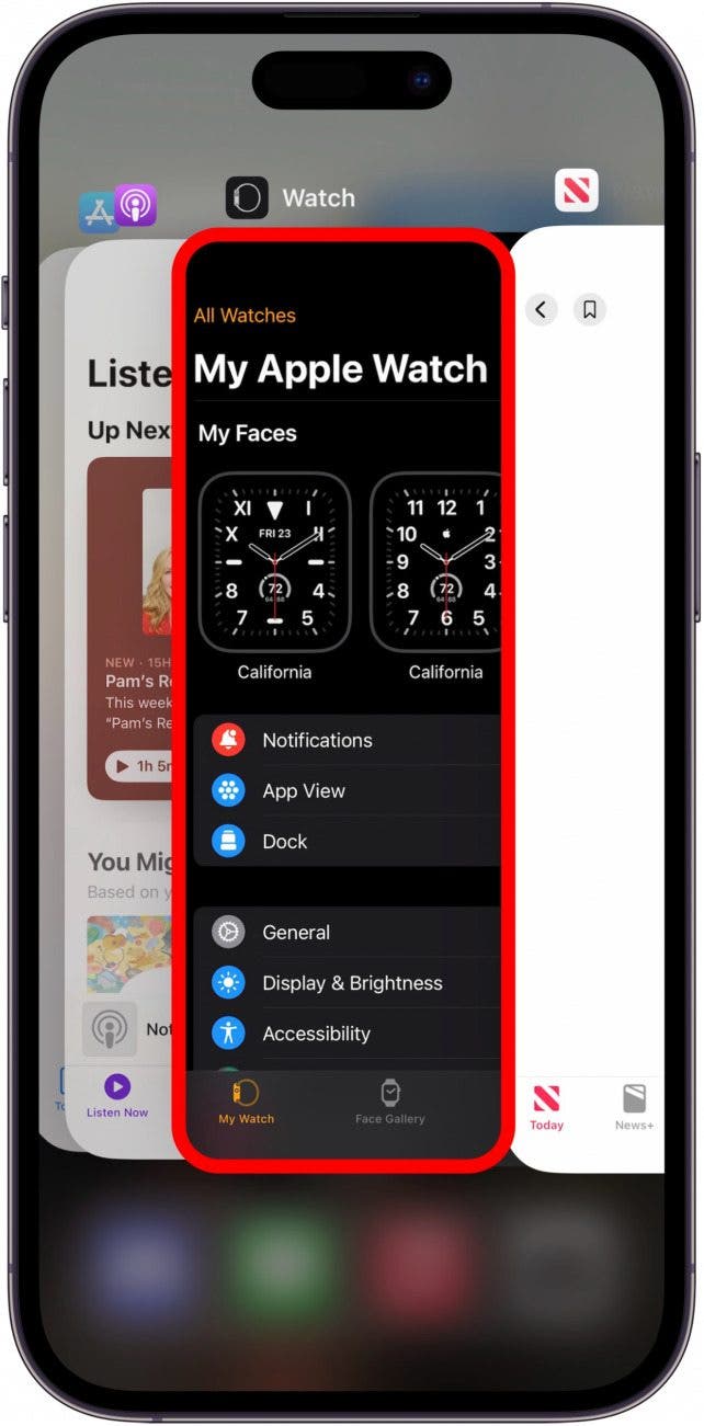 iPhone -App -Switcher mit einer App, die rot beschrieben wird