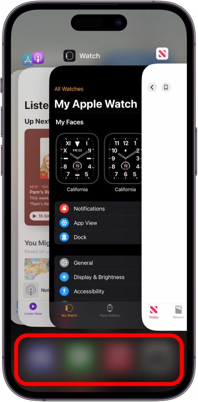 iPhone App Switcher mit roter Box, das angibt, um außerhalb des App -Swithers zu tippen